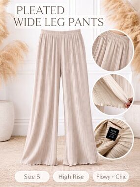 SHEIN Taupe Pleated Wide Leg Pants Size Small High Rise Flowy Lounge Chic